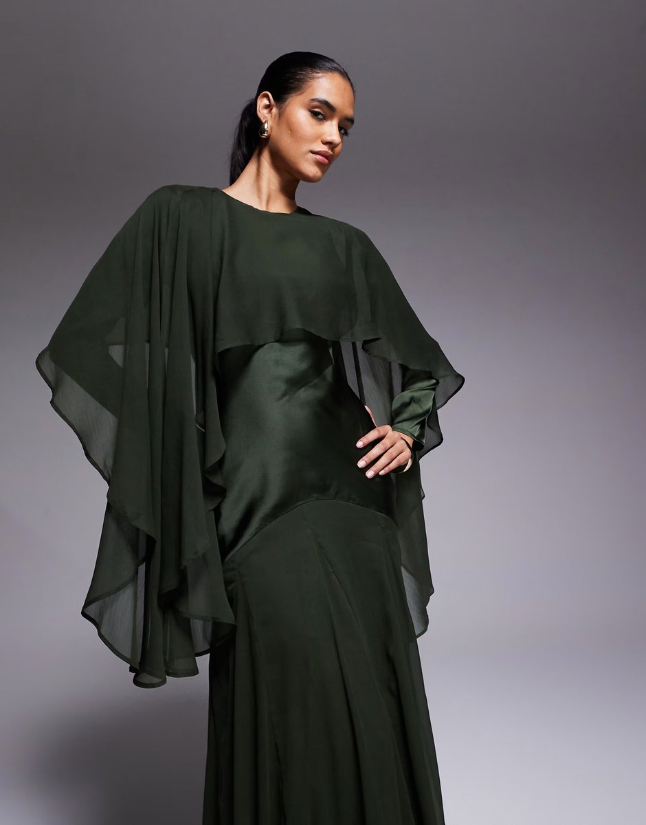 ASOS ASOS DESIGN cape detail ruffle chiffon satin mix maxi dress in dark green - 3