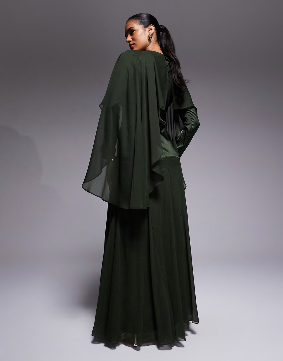 ASOS ASOS DESIGN cape detail ruffle chiffon satin mix maxi dress in dark green - 4