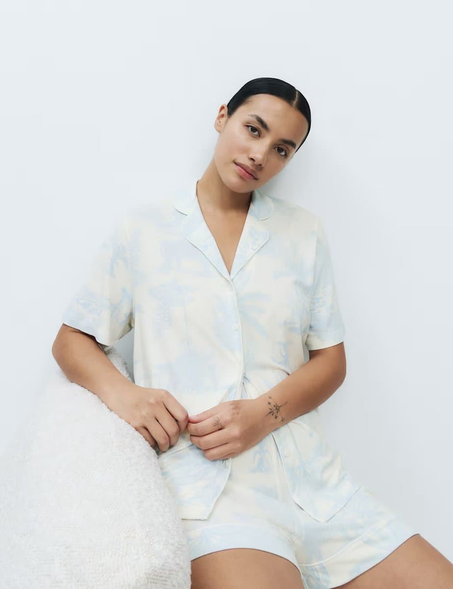 Marks & Spencer M&S Soft Touch Printed Revere Shortie Set in Blue