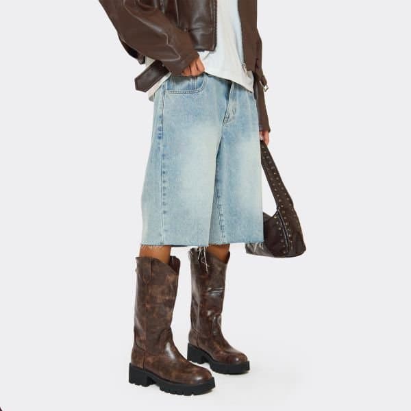 EGO EGO Chunky Sole Mid Calf Western Biker Boot in Brown