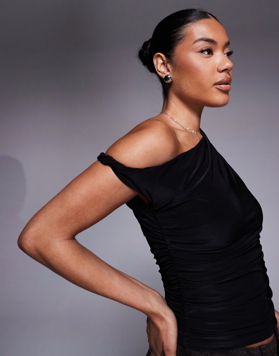 ASOS Kaiia exclusive double layered slinky off shoulder top in black   - 2