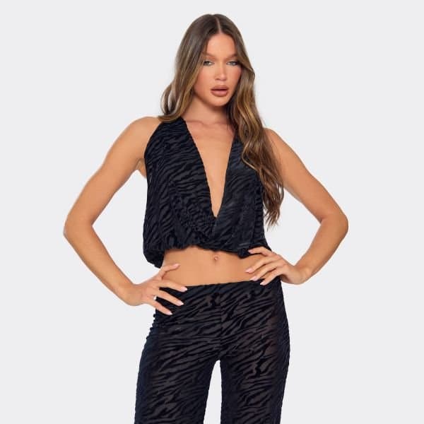 EGO Plunge Wrap Front Blouson Top In Black Zebra Devore, Women's Size UK 6