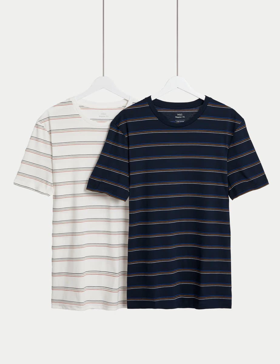 Marks & Spencer M&S 2 Pack Pure Cotton Striped T-Shirts Dark Navy Mix