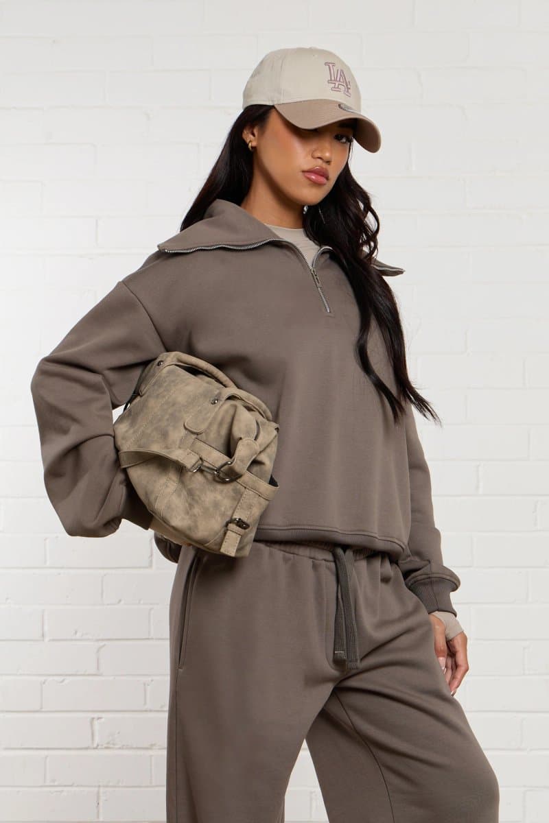 Kaiia Kaiia Oversized Collar Quarter Zip Sweatshirt Slate Grey