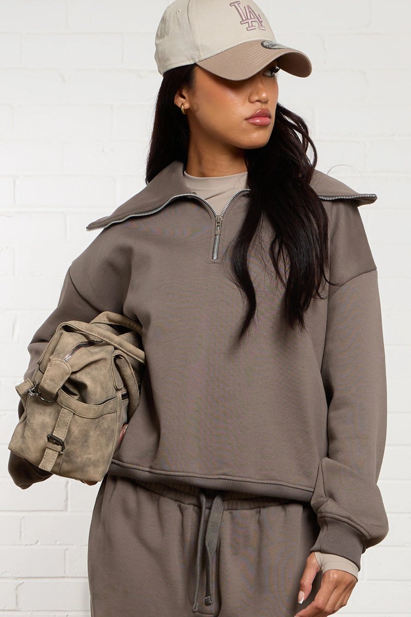 Kaiia Kaiia Oversized Collar Quarter Zip Sweatshirt Slate Grey - 2