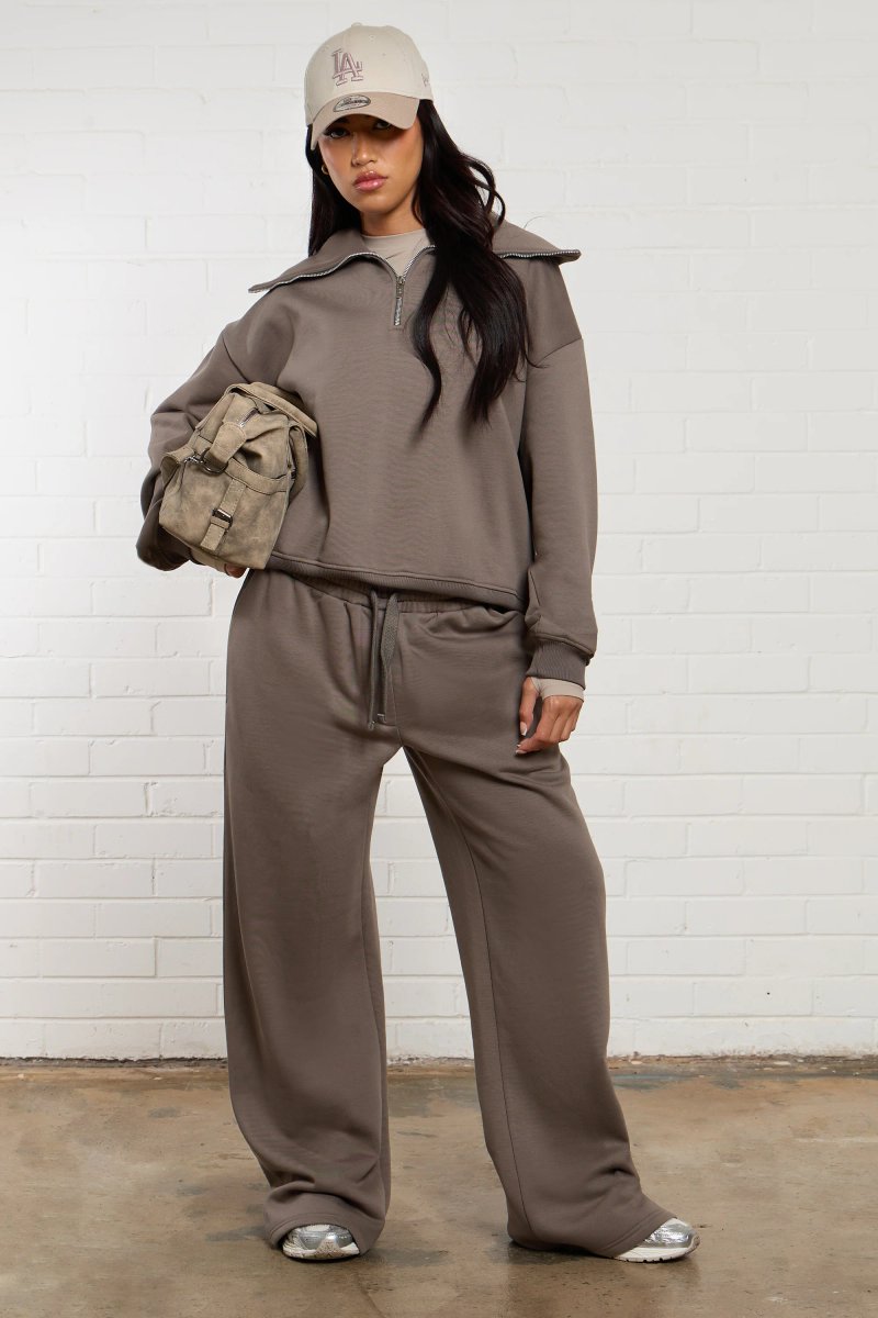 Kaiia Kaiia Oversized Collar Quarter Zip Sweatshirt Slate Grey - 3