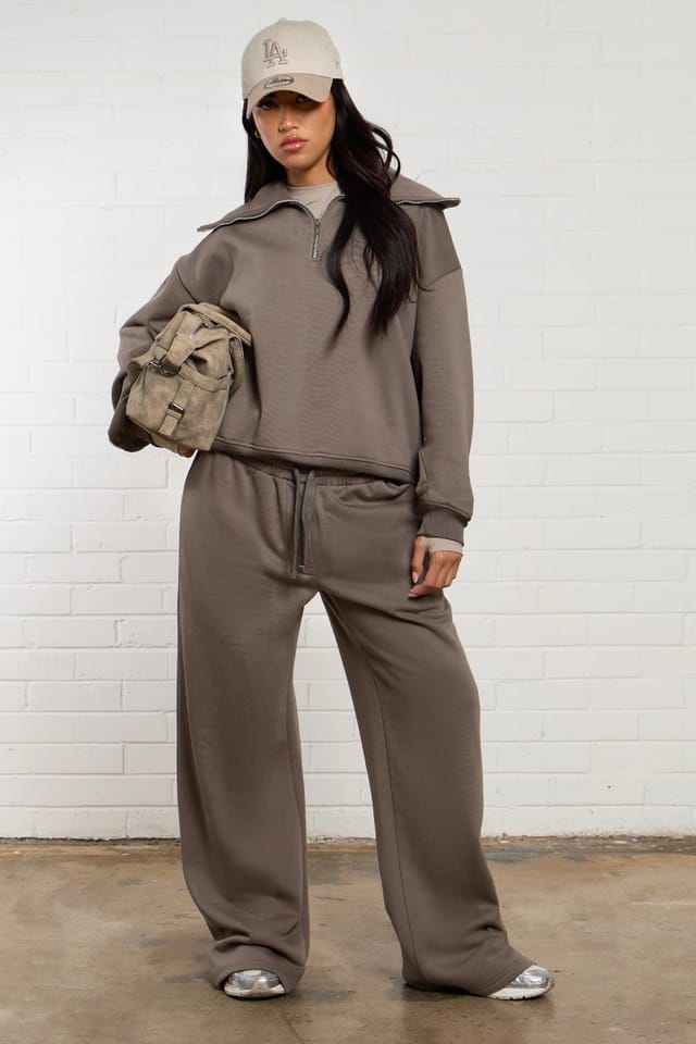 Kaiia Kaiia Oversized Collar Quarter Zip Sweatshirt Slate Grey - 3