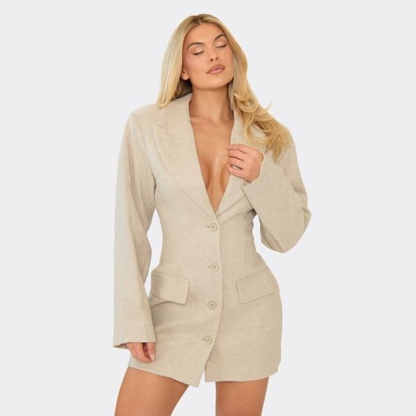 EGO Oversized Shoulder Pad Cinched Waist Wool Look Blazer Dress In Stone, Women's Size UK 6 - 1