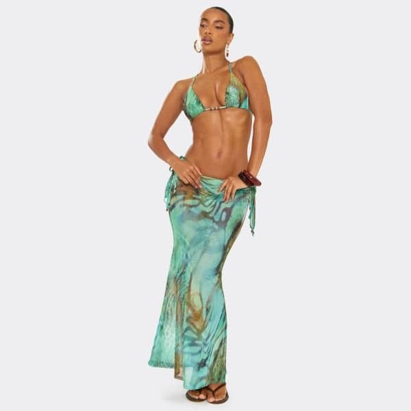 EGO Mid Rise Ruched Detail Maxi Skirt In Green Multi Animal Print, Women's Size UK 8