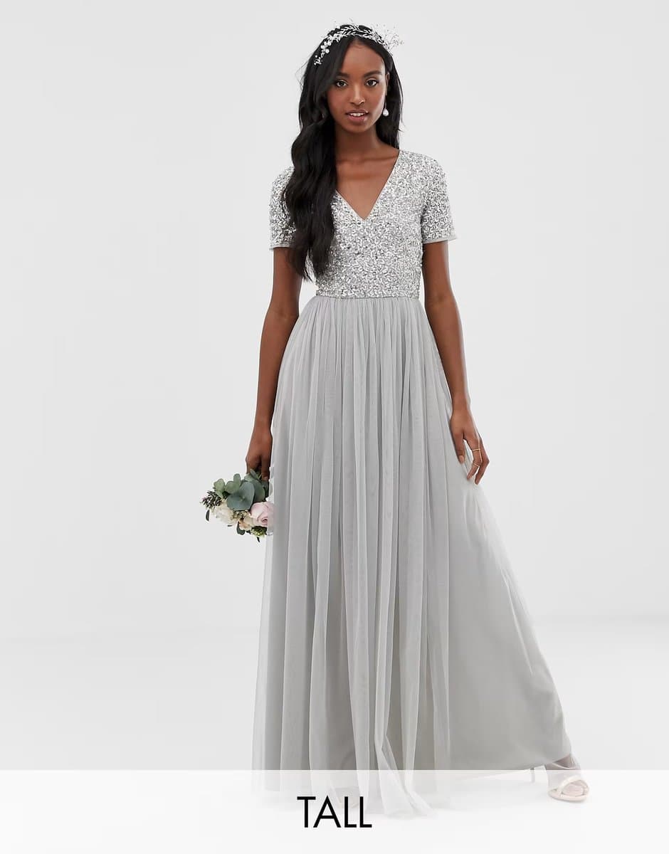 ASOS Maya Tall Bridesmaid v neck maxi tulle dress with tonal delicate sequins in silver