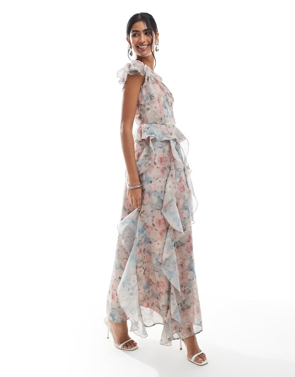 ASOS Vero Moda chiffon ruffle detail one shoulder maxi dress in faded floral print
