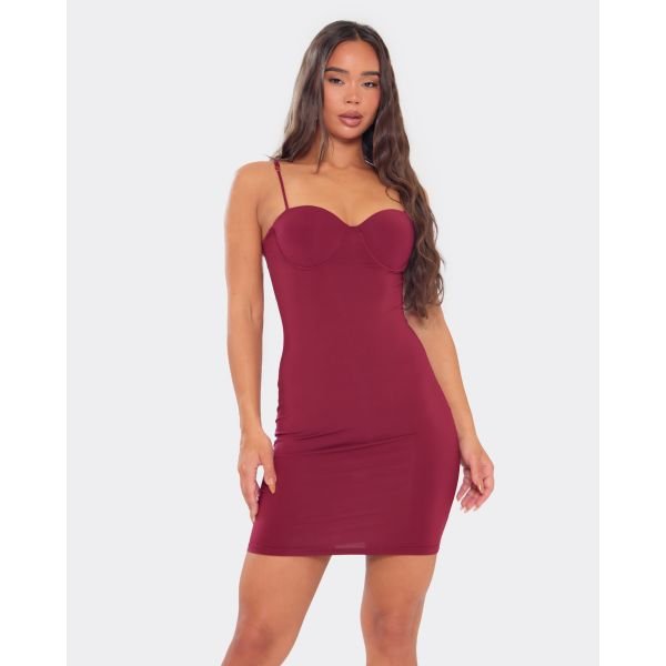 EGO Underwire Sculpt Detail Mini Dress In Burgundy, Women's Size UK Medium/Large M/L - 2