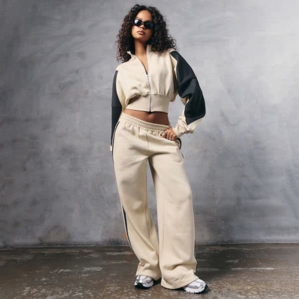 EGO Contrast Panel Wide Leg Detail Joggers In Stone, Women's Size UK 6