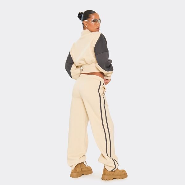EGO Contrast Panel Wide Leg Detail Joggers In Stone, Women's Size UK 6 - 2