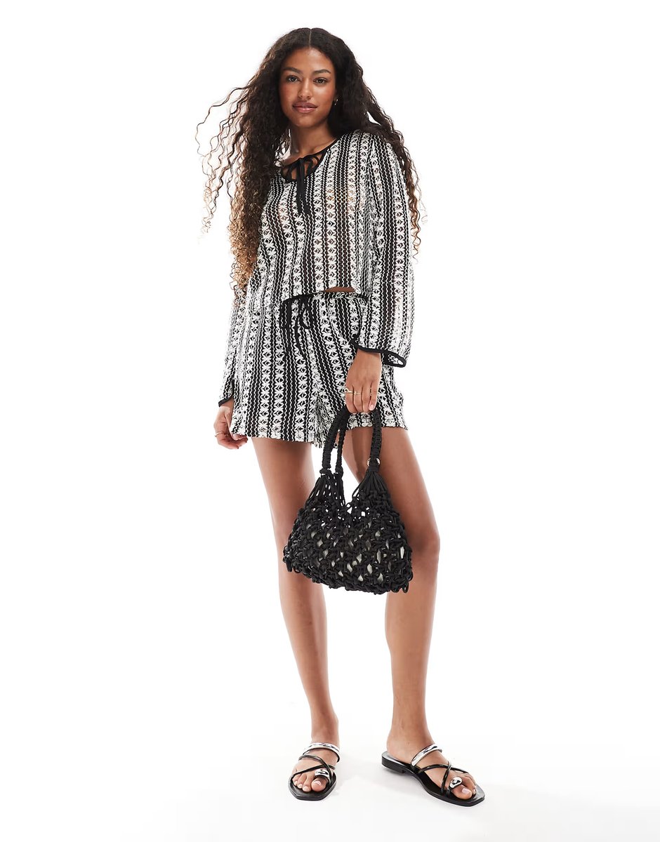 ASOS Vero Moda long sleeved crochet lace top and shorts set in mono stripe - 3