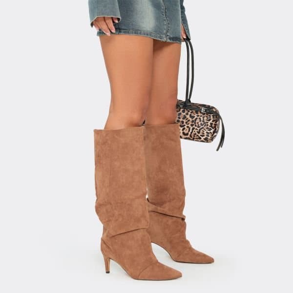 EGO Cave Pointed Toe Slouched Detail Knee High Boot In Mocha Faux Suede, Women's Size UK 3