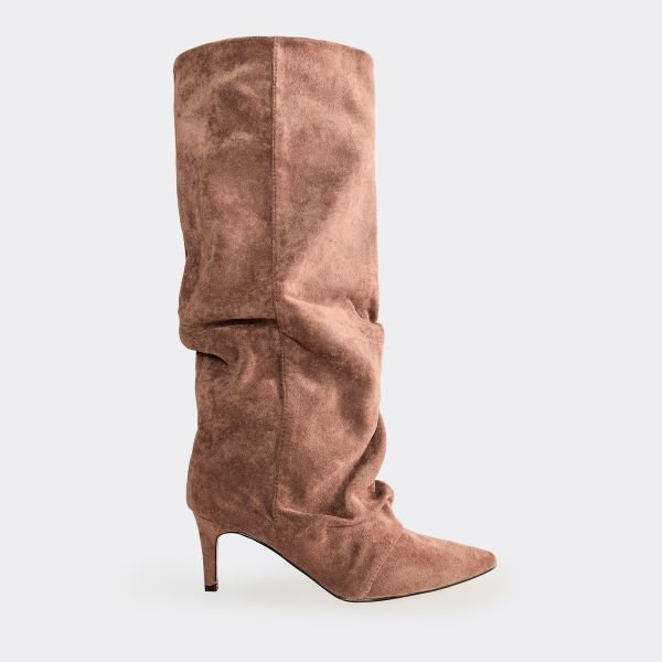 EGO Cave Pointed Toe Slouched Detail Knee High Boot In Mocha Faux Suede, Women's Size UK 3 - 2