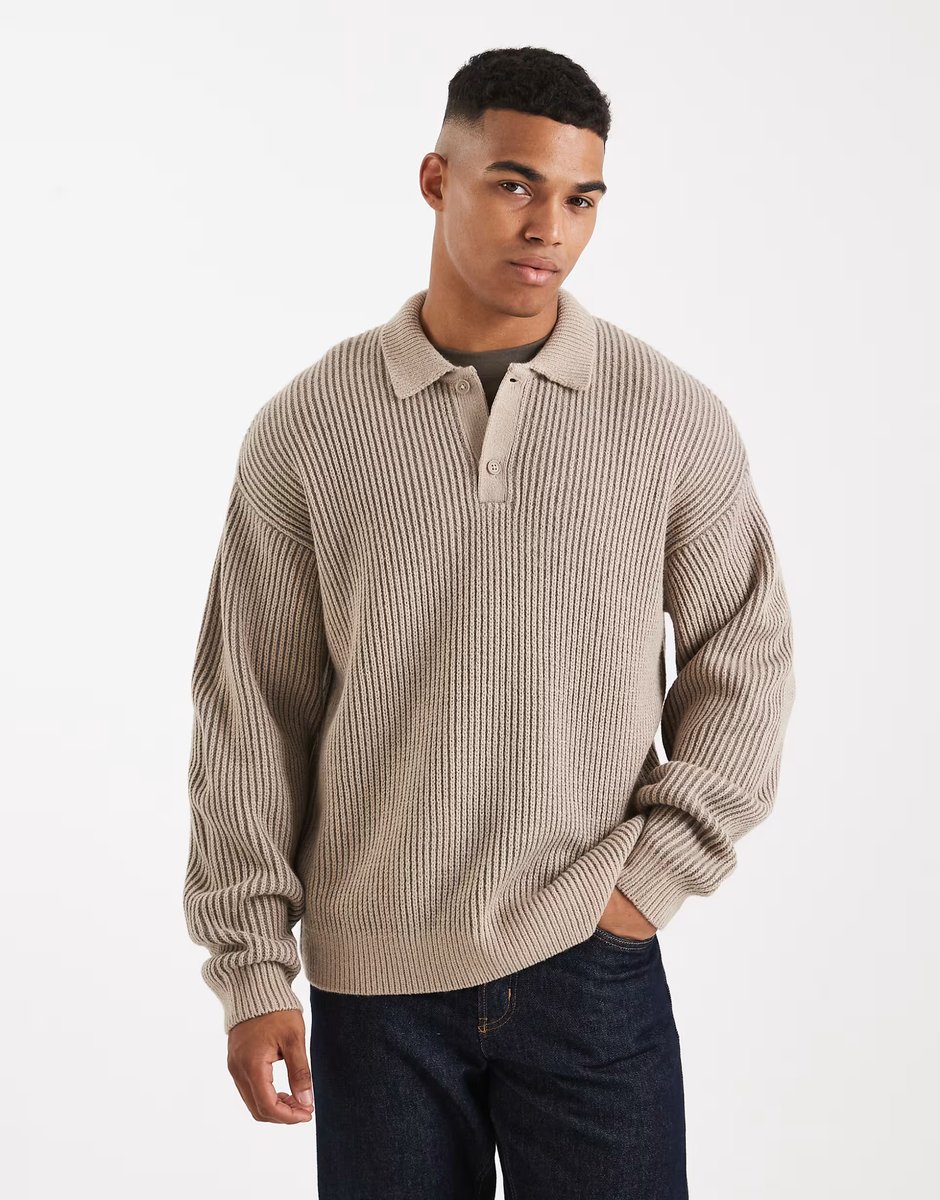 ASOS New Look fisherman knit polo in two tone mink - 1