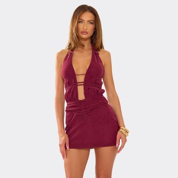 EGO Plunge Halterneck Cut Out Side O Ring Trim Detail Mini Dress In Burgundy Glitter, Women's Size UK 8