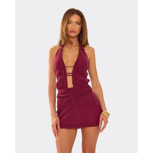 EGO Plunge Halterneck Cut Out Side O Ring Trim Detail Mini Dress In Burgundy Glitter, Women's Size UK 8 - 2