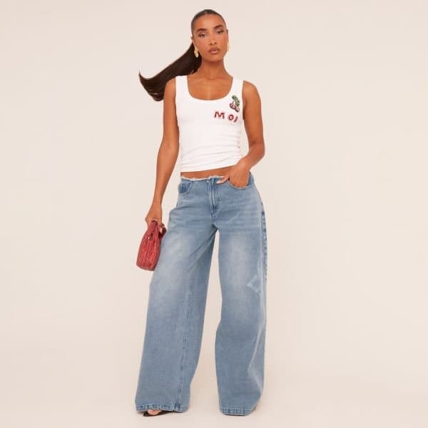 EGO Low Rise Frayed Edge Side Slogan Detail Wide Leg Jeans In Blue Denim, Women's Size UK 6