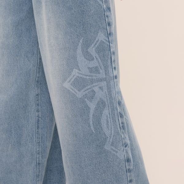 EGO Low Rise Frayed Edge Side Slogan Detail Wide Leg Jeans In Blue Denim, Women's Size UK 6 - 2