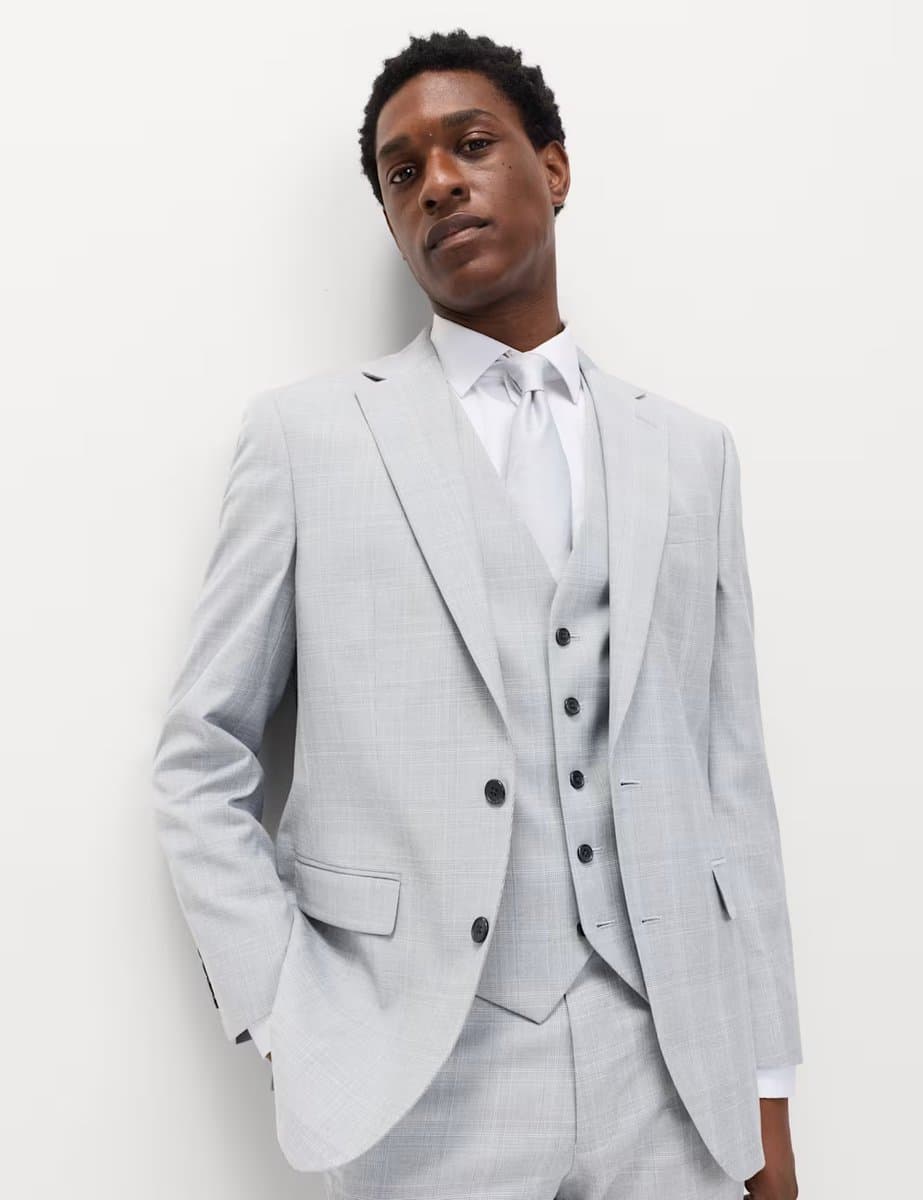 Marks & Spencer M&S Check Stretch Waistcoat Light Grey Mix