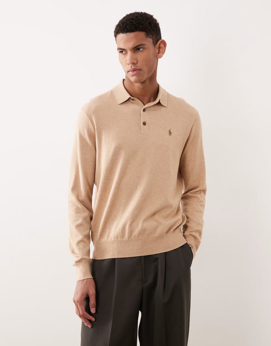 ASOS Polo Ralph Lauren icon logo cotton knit polo jumper in camel marl