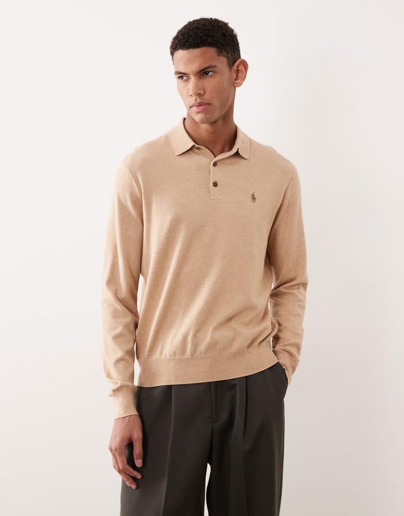 ASOS Polo Ralph Lauren icon logo cotton knit polo jumper in camel marl - 1