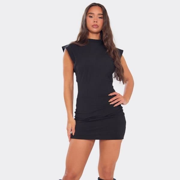 EGO Cap Sleeve Cinched Waist T-Shirt Dress In Black, Women's Size UK 4