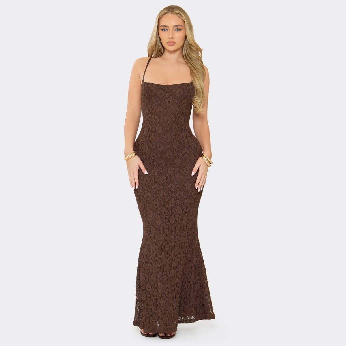 EGO Strappy Maxi Dress In Brown Lace, Women's Size UK 6