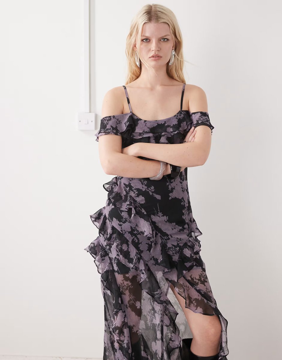 ASOS Reclaimed Vintage Limited Edition maxi dress with ruffles and split in blurred purple floral print - 3