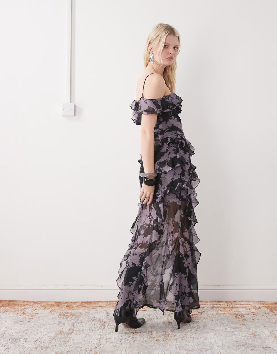 ASOS Reclaimed Vintage Limited Edition maxi dress with ruffles and split in blurred purple floral print - 4