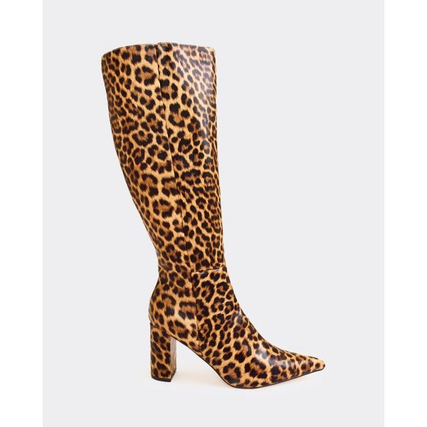 EGO Outstanding Pointed Toe Knee High Heeled Boot In Leopard Print Faux Leather, Women's Size UK 3 - 2