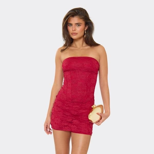 EGO Bandeau Structured Corset Top In Red Lace, Women's Size UK 6