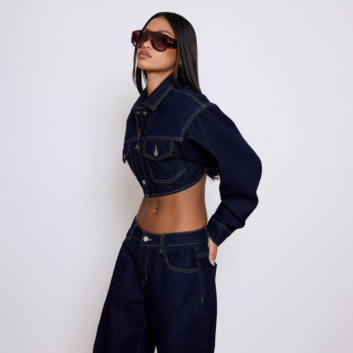 EGO Long Sleeve Button Front Shoulder Pad Cropped Jacket In Indigo Blue Denim, Women's Size UK 6