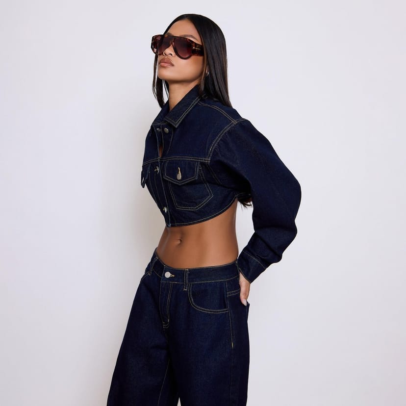 EGO Long Sleeve Button Front Shoulder Pad Cropped Jacket In Indigo Blue Denim, Women's Size UK 6 - 1
