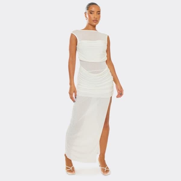 EGO High Neck Ruched Overlay Detail Side Split Maxi Dress In White, Women's Size UK 6