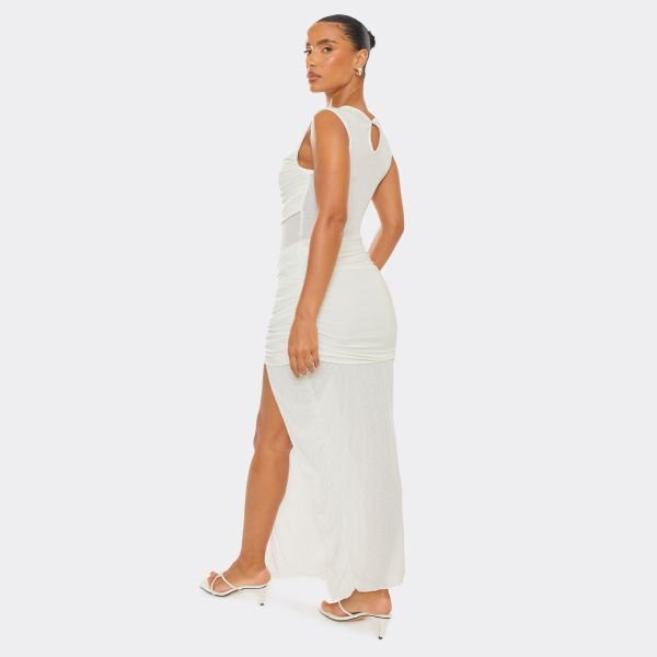 EGO High Neck Ruched Overlay Detail Side Split Maxi Dress In White, Women's Size UK 6 - 2