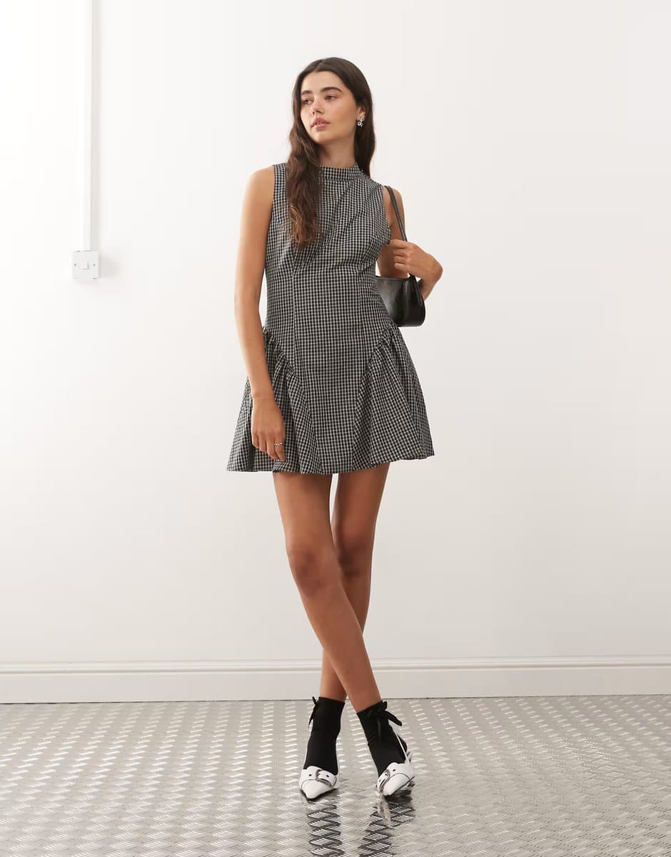 ASOS Lioness Chelsea high neck gathered hip detail mini dress in black check