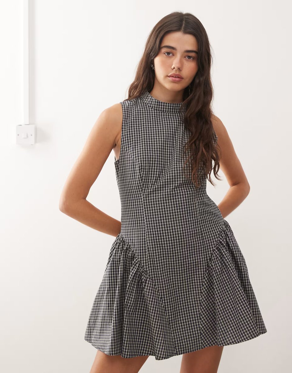 ASOS Lioness Chelsea high neck gathered hip detail mini dress in black check - 3