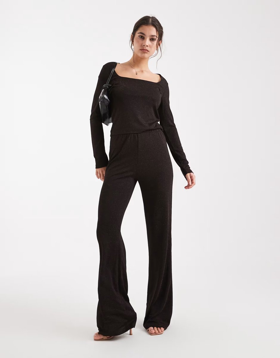 ASOS Vero Moda glitter long sleeve square neck top and wide leg trousers set in chocolate and copper - 3