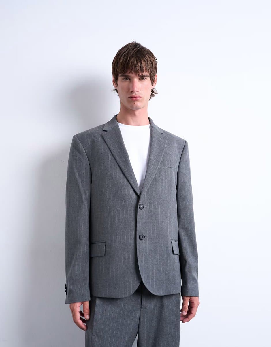 ASOS Topman relaxed boxy blazer in charcoal pinstripe