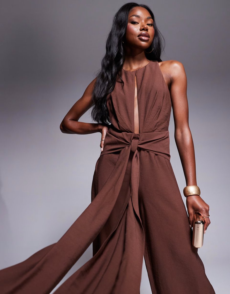 ASOS ASOS DESIGN high neck jumpsuit with tie detail in chocolate - 3
