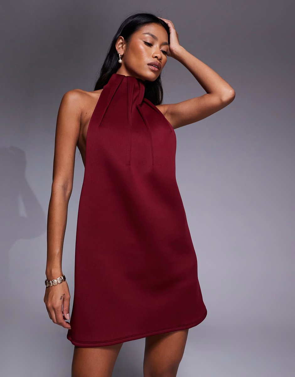 ASOS ASOS DESIGN high neck swing mini dress with exaggerated darts in burgundy in scuba-style fabric - 1