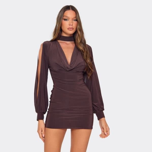 EGO Choker Neck Long Sleeve Open Arm Detail Mini Dress In Chocolate Brown, Women's Size UK 6
