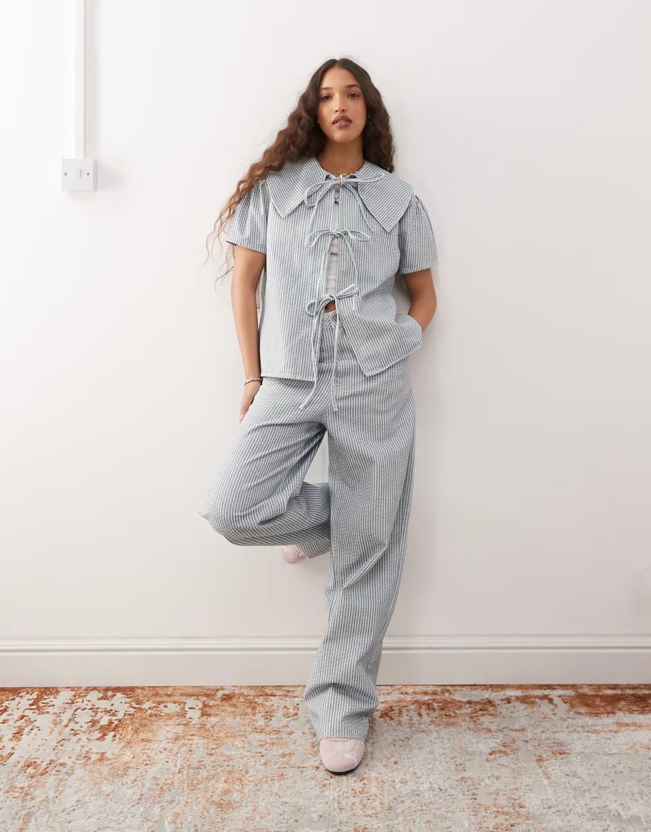 ASOS Reclaimed Vintage baggy wide leg jean co-ord in light blue pinstripe 