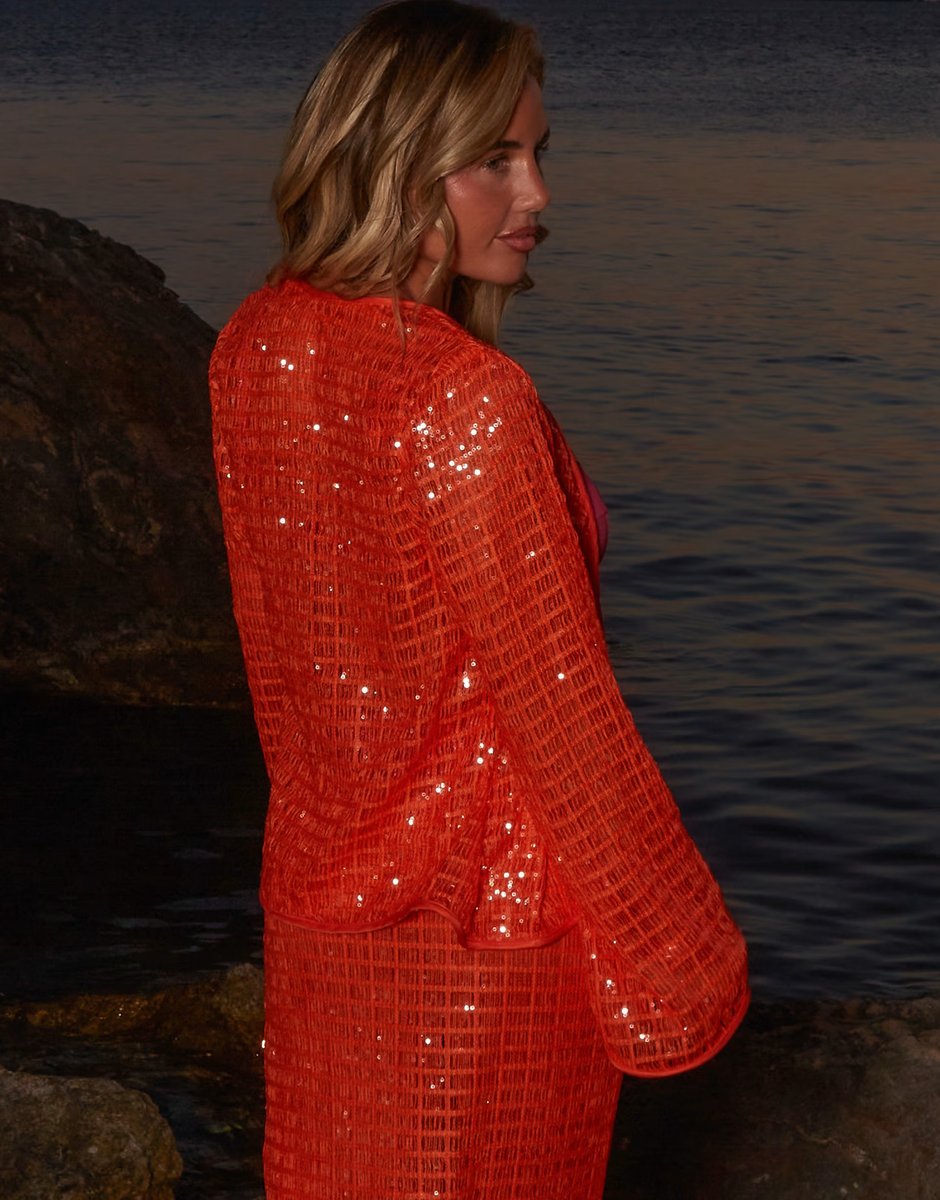 ASOS South Beach X Jasmin Green metallic sequin tie front beach shirt in orange - 2