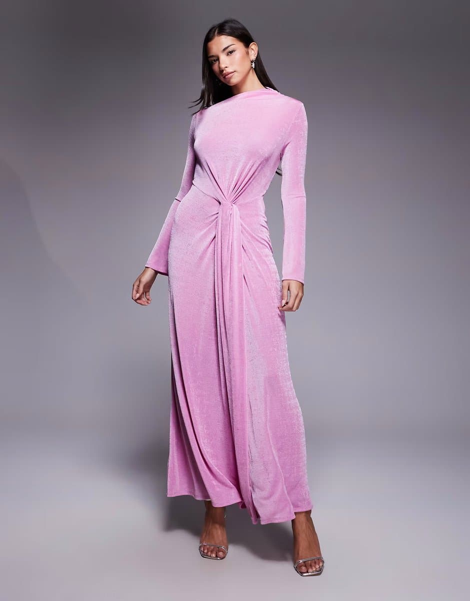 ASOS ASOS DESIGN long sleeve slinky maxi dress with knot detail in pink