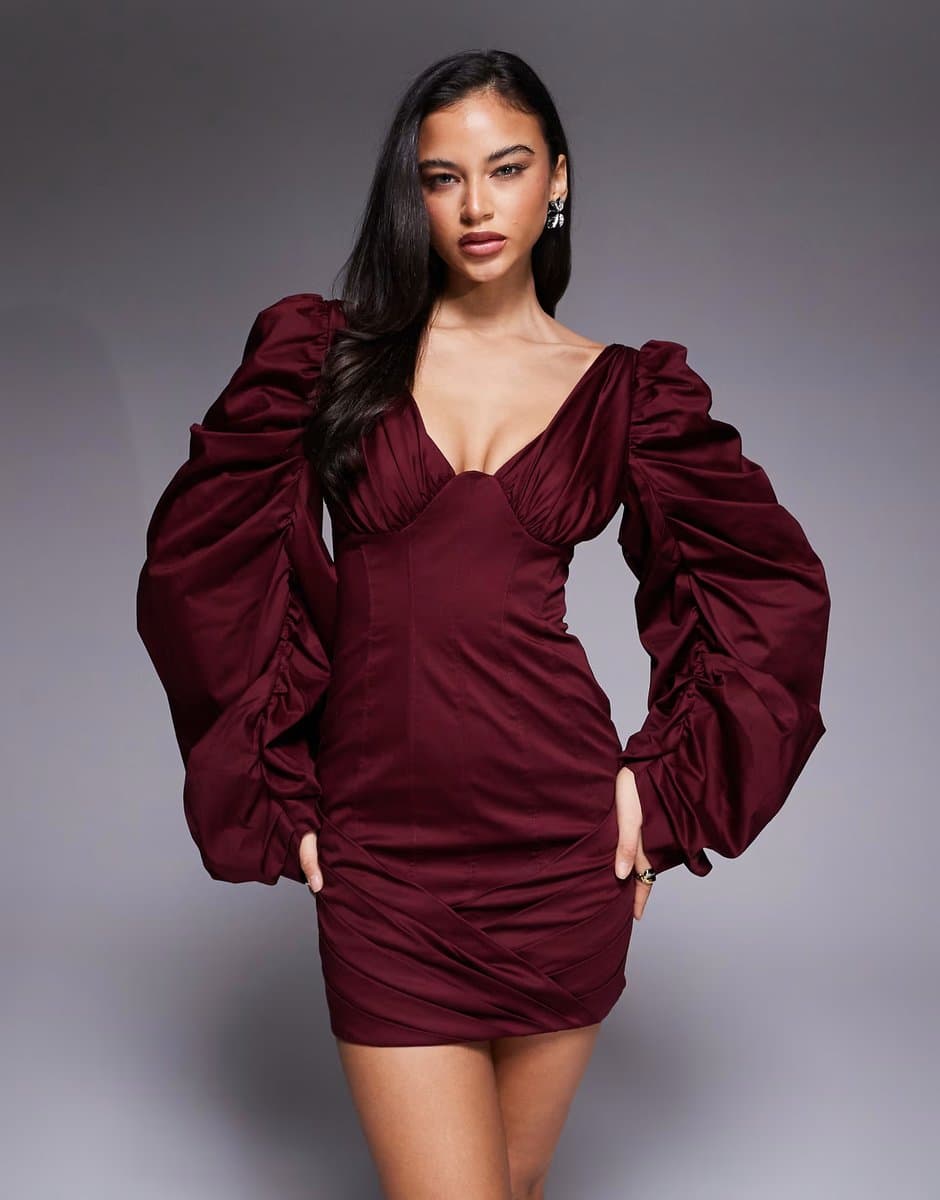 ASOS ASOS DESIGN structured volume sleeve mini dress with pleated skirt in mulberry